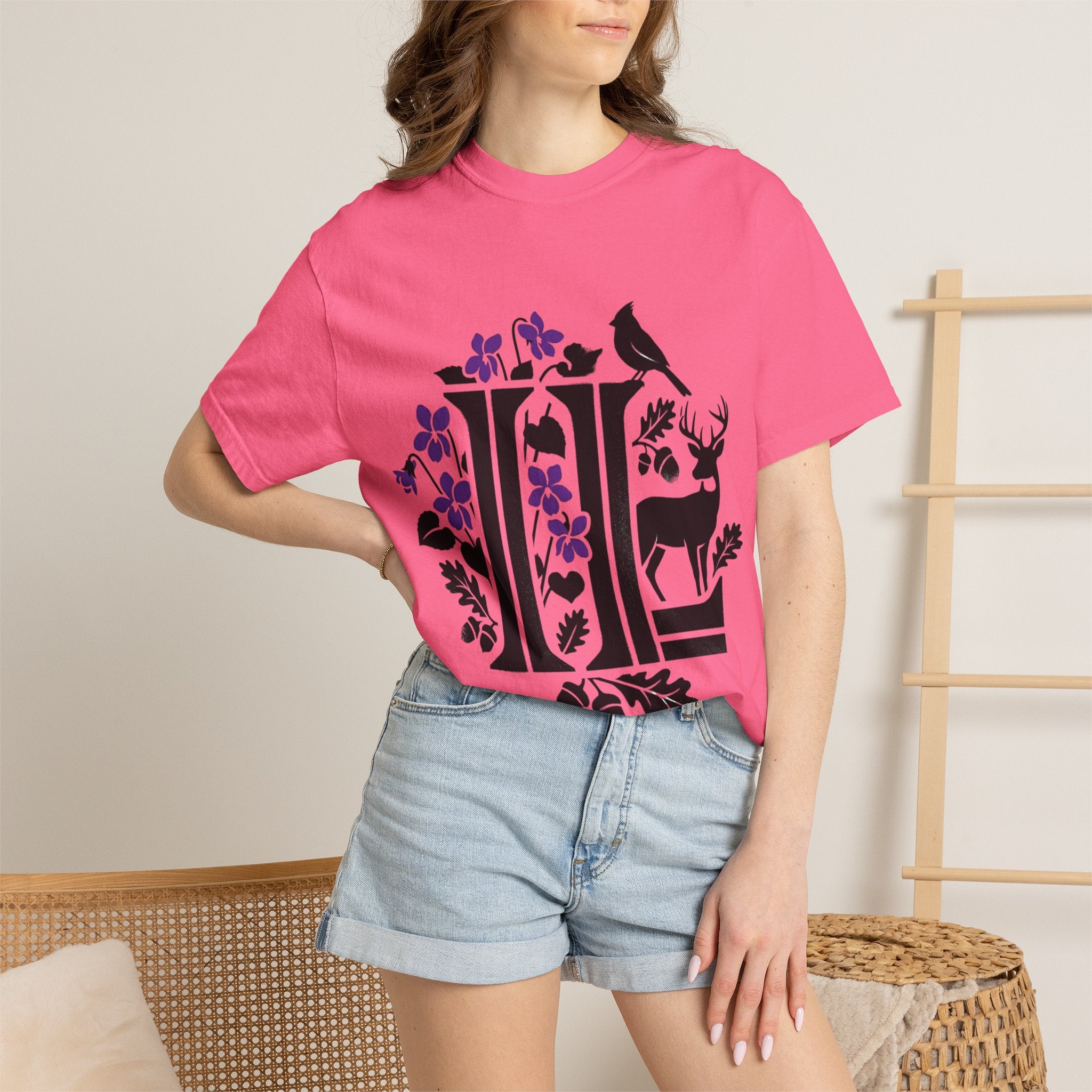 OurStateTees - Illinois IL -  Nature Initial Monogram with Deer & Birds (Floral Letter II)
