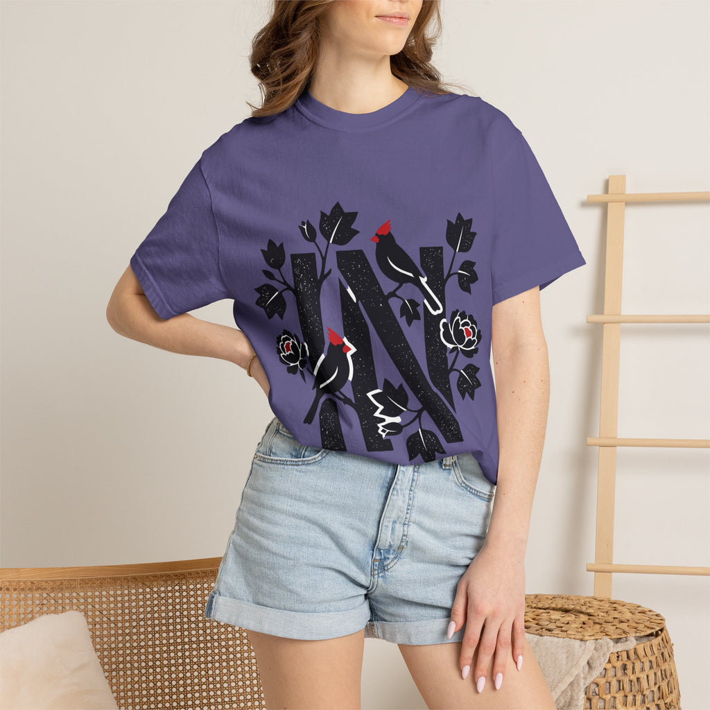 OurStateTees - Indiana IN Cardinal & Floral 'N' Monogram T-Shirt — Botanical Letter Tee