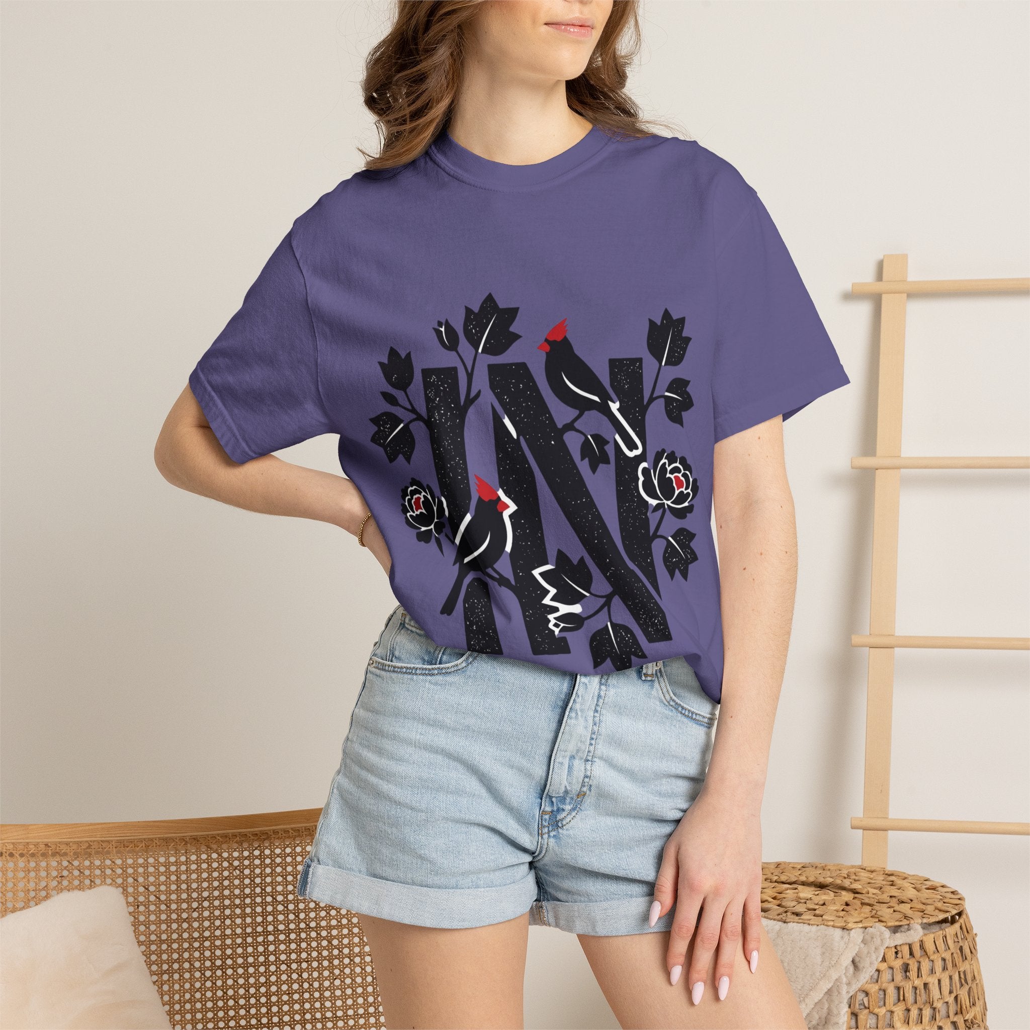 OurStateTees - Indiana IN Cardinal & Floral 'N' Monogram T-Shirt — Botanical Letter Tee