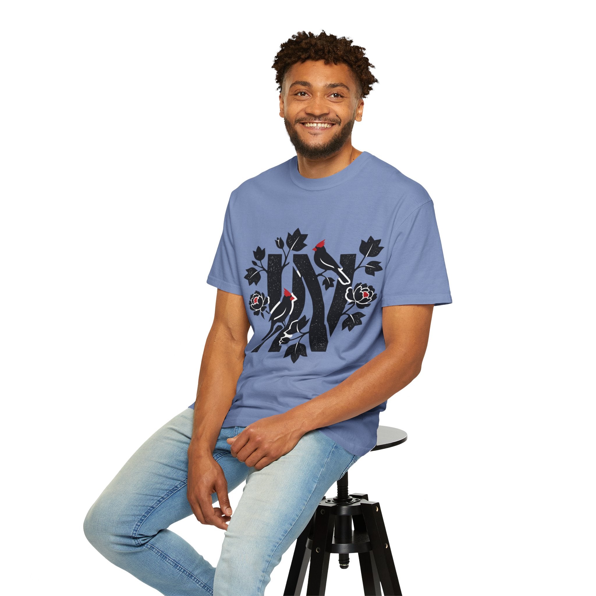OurStateTees - Indiana IN Cardinal & Floral 'N' Monogram T-Shirt — Botanical Letter Tee