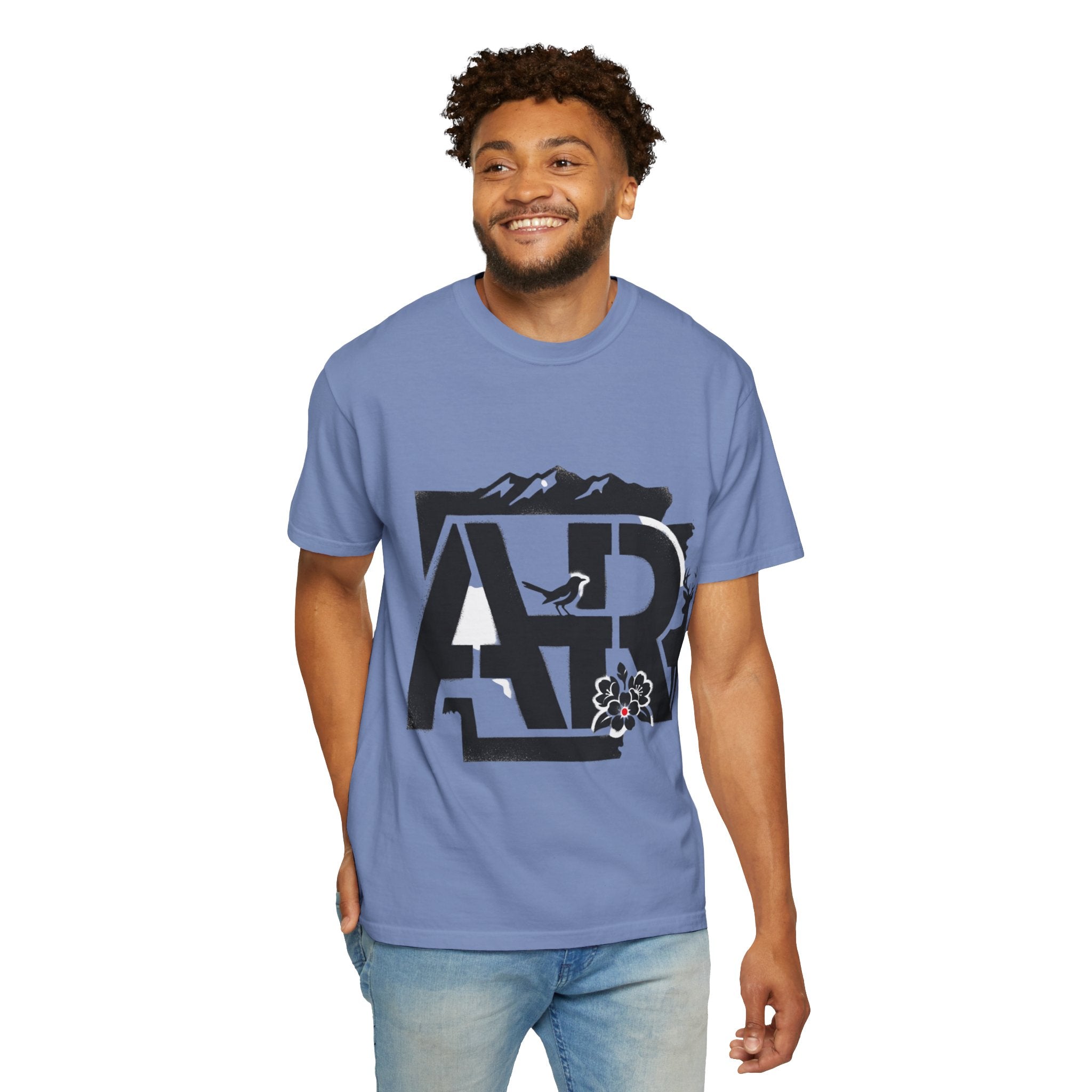 OurStateTees - Arkansas AR Mountain Logo T-Shirt — Nature Bird & Wildflower Graphic