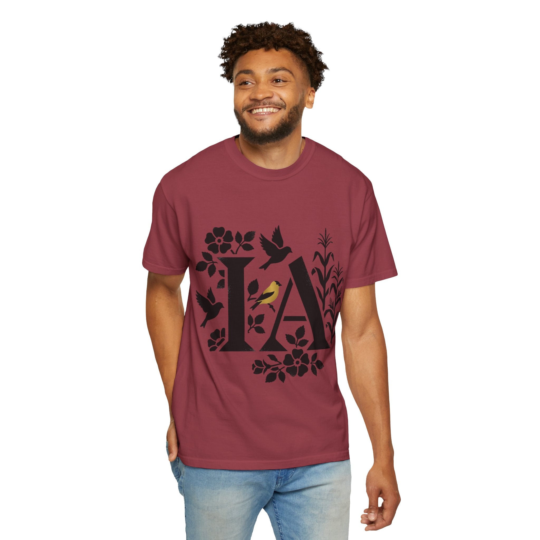 OurStateTees - Iowa IA Botanical Bird T-Shirt — Floral Initial Tee