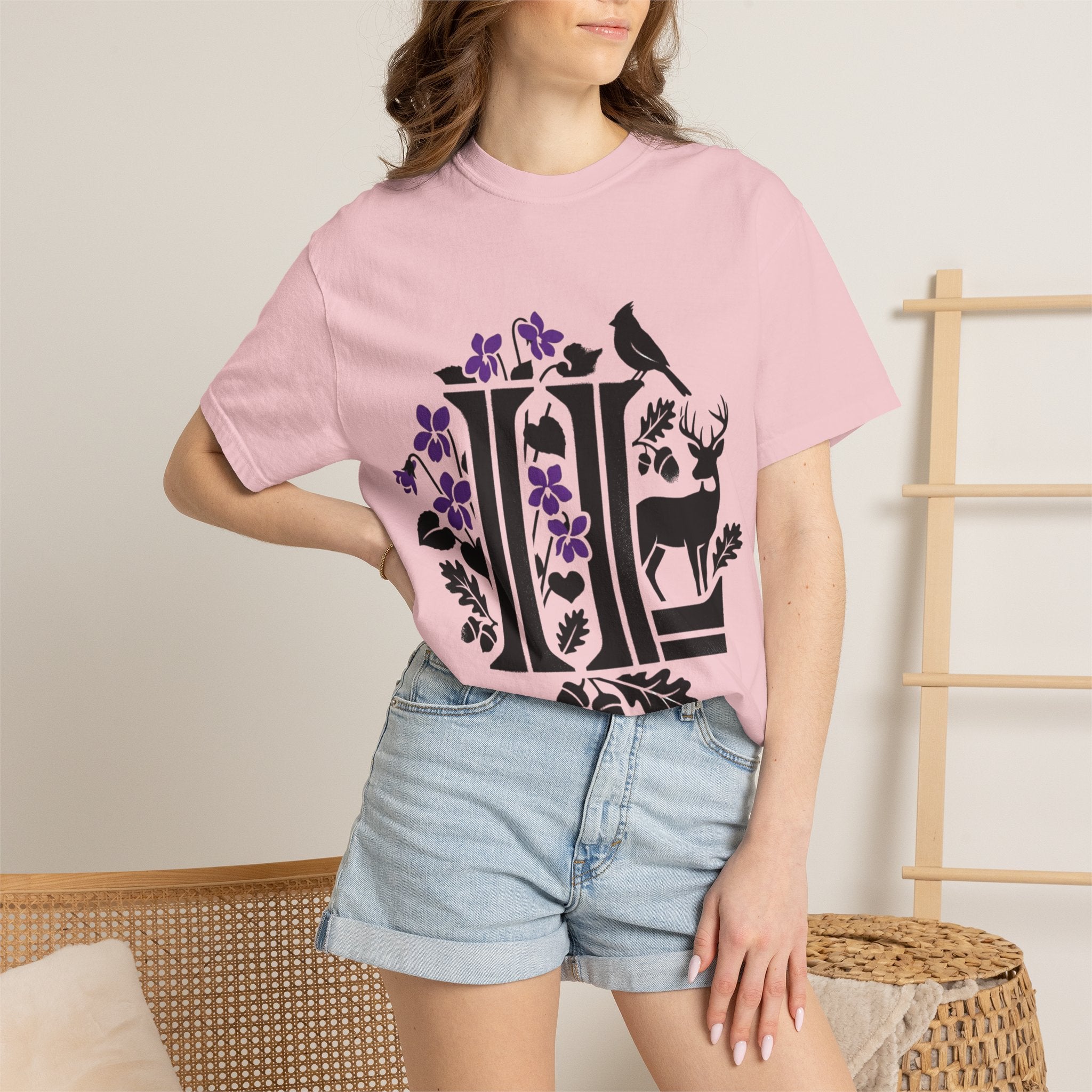 OurStateTees - Illinois IL -  Nature Initial Monogram with Deer & Birds (Floral Letter II)