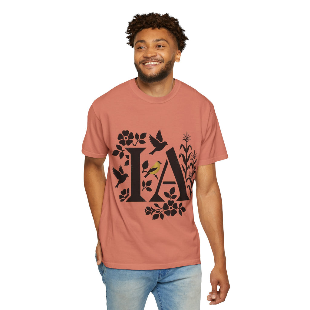 OurStateTees - Iowa IA Botanical Bird T-Shirt — Floral Initial Tee
