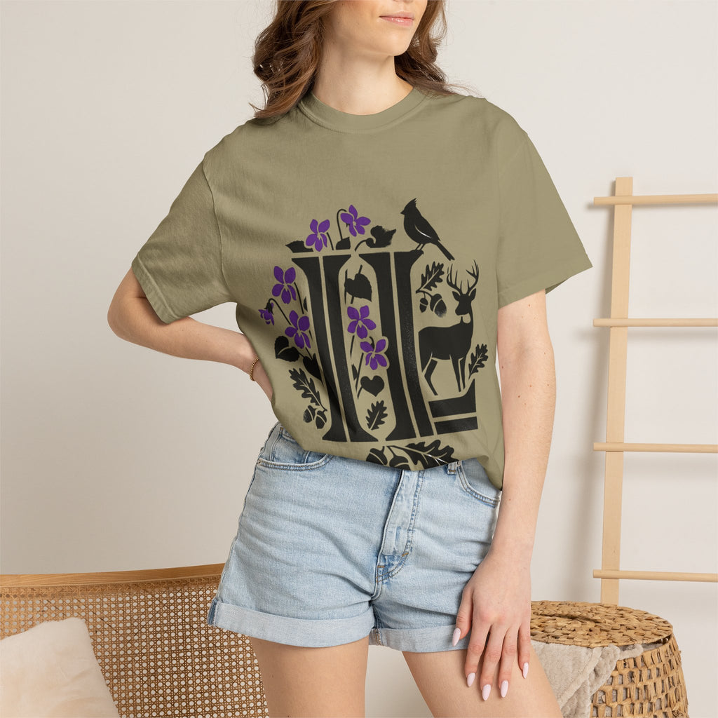 OurStateTees - Illinois IL -  Nature Initial Monogram with Deer & Birds (Floral Letter II)
