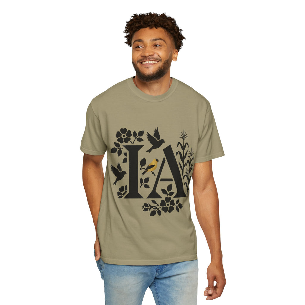 OurStateTees - Iowa IA Botanical Bird T-Shirt — Floral Initial Tee