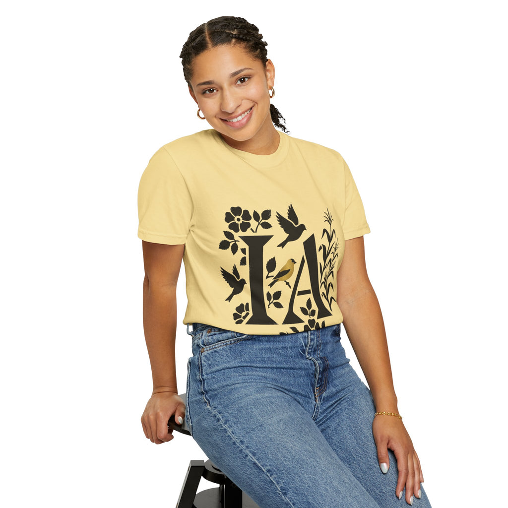 OurStateTees - Iowa IA Botanical Bird T-Shirt — Floral Initial Tee
