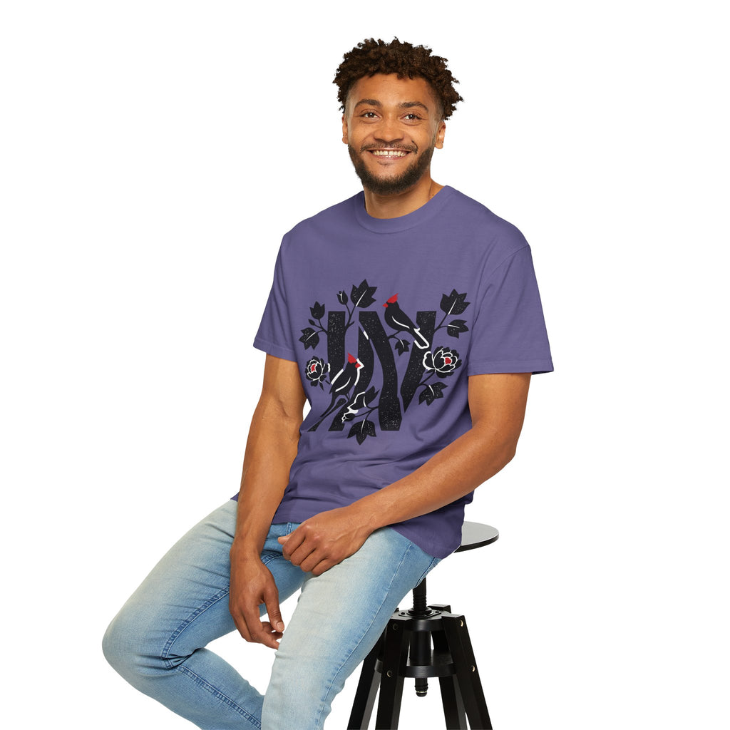 OurStateTees - Indiana IN Cardinal & Floral 'N' Monogram T-Shirt — Botanical Letter Tee