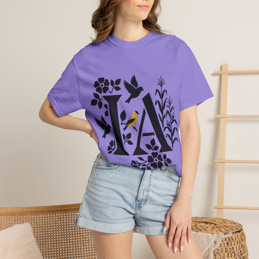 OurStateTees - Iowa IA Botanical Bird T-Shirt — Floral Initial Tee