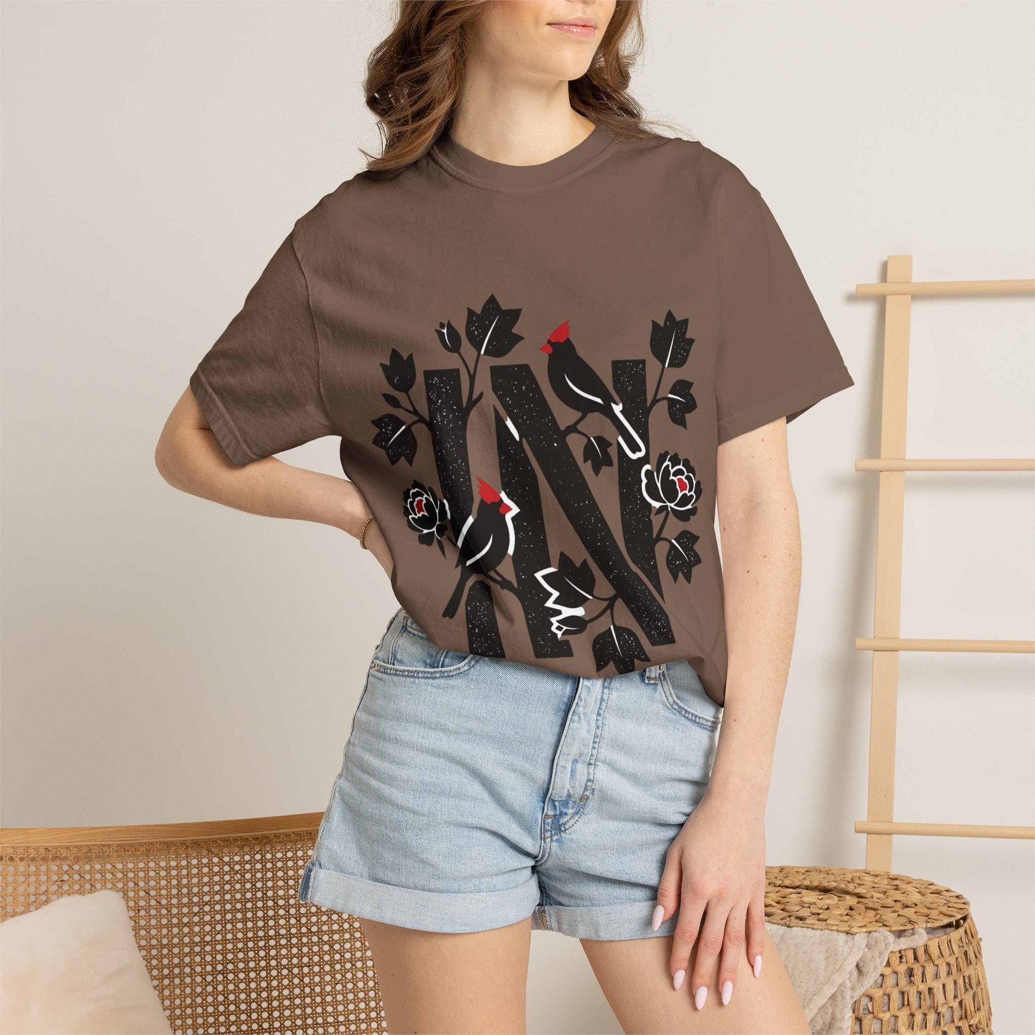 OurStateTees - Indiana IN Cardinal & Floral 'N' Monogram T-Shirt — Botanical Letter Tee