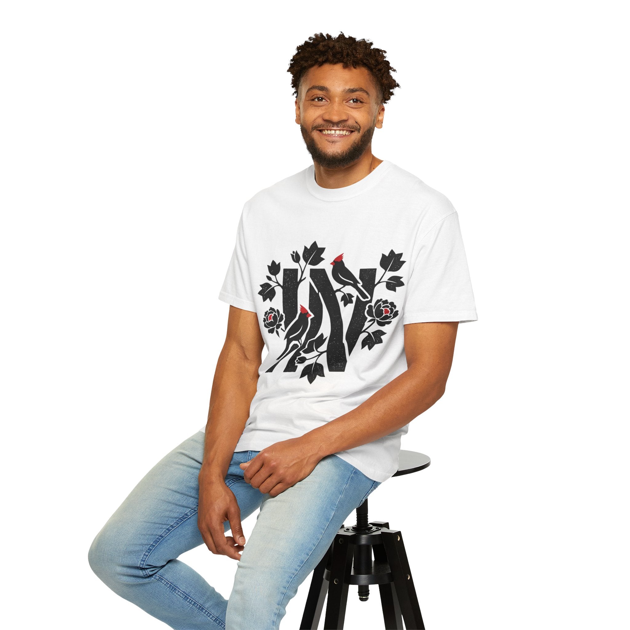 OurStateTees - Indiana IN Cardinal & Floral 'N' Monogram T-Shirt — Botanical Letter Tee