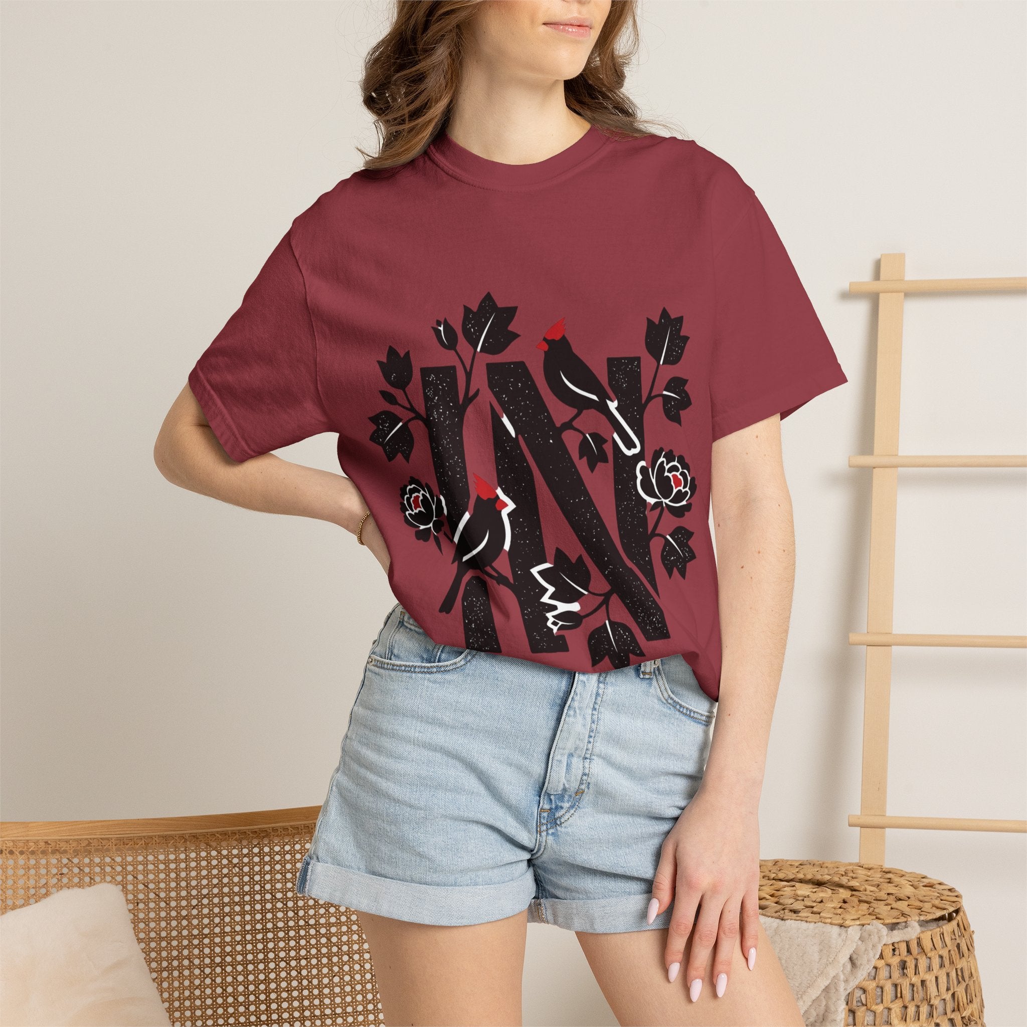 OurStateTees - Indiana IN Cardinal & Floral 'N' Monogram T-Shirt — Botanical Letter Tee