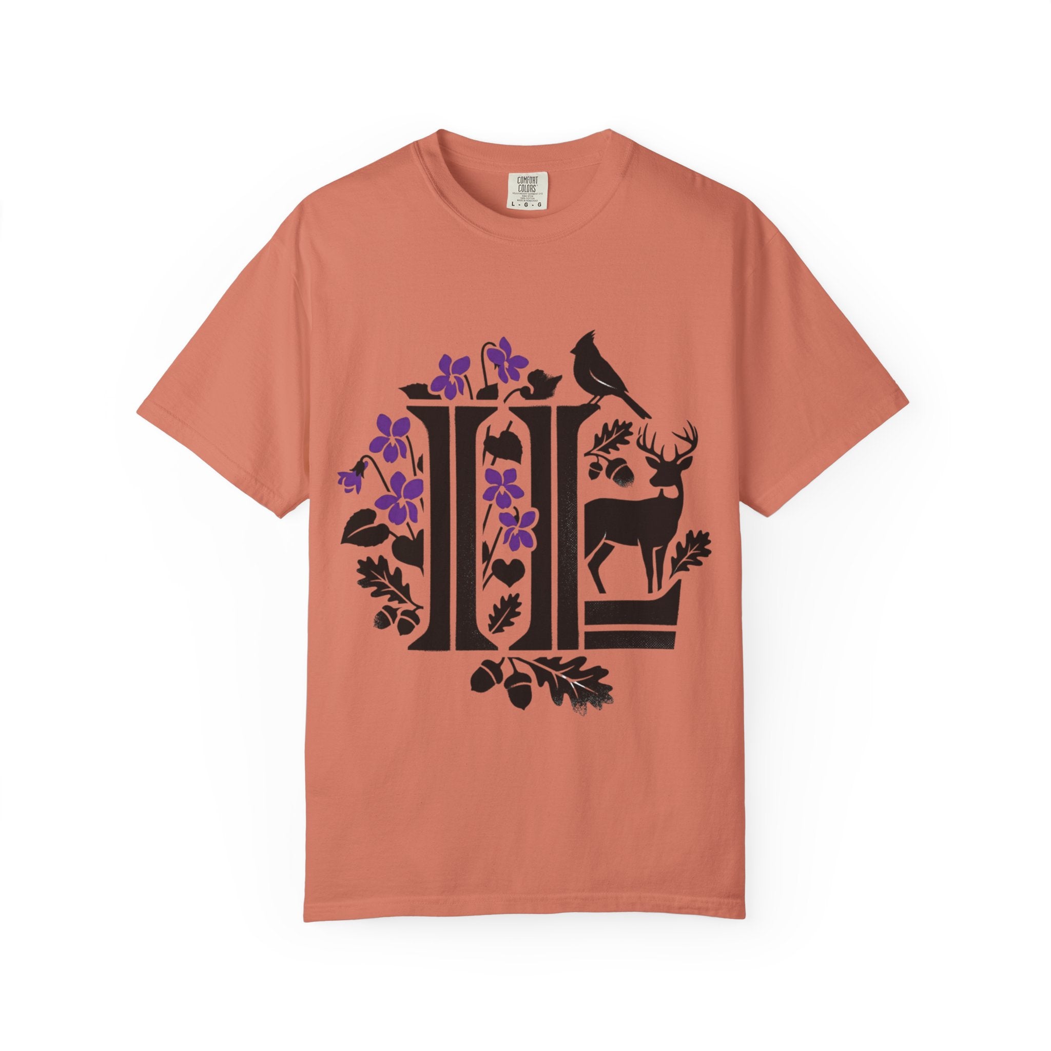 OurStateTees - Illinois IL -  Nature Initial Monogram with Deer & Birds (Floral Letter II)