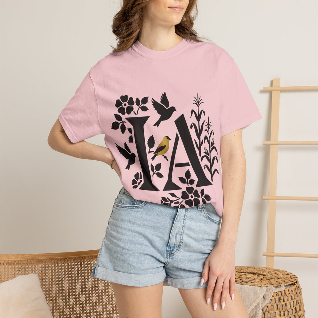 OurStateTees - Iowa IA Botanical Bird T-Shirt — Floral Initial Tee