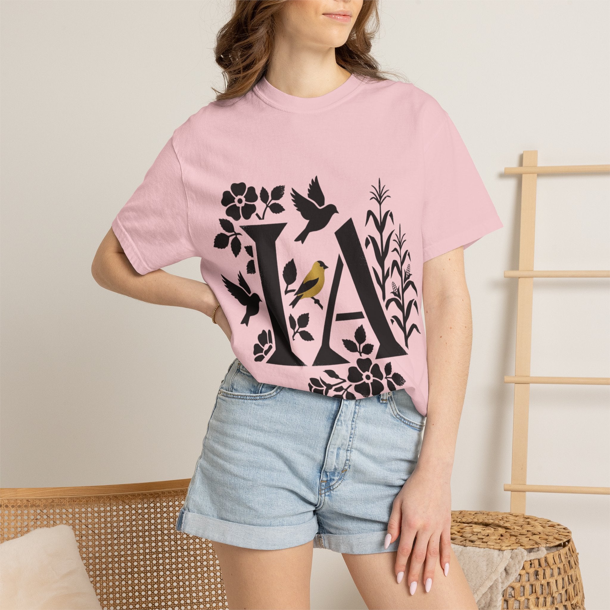 OurStateTees - Iowa IA Botanical Bird T-Shirt — Floral Initial Tee