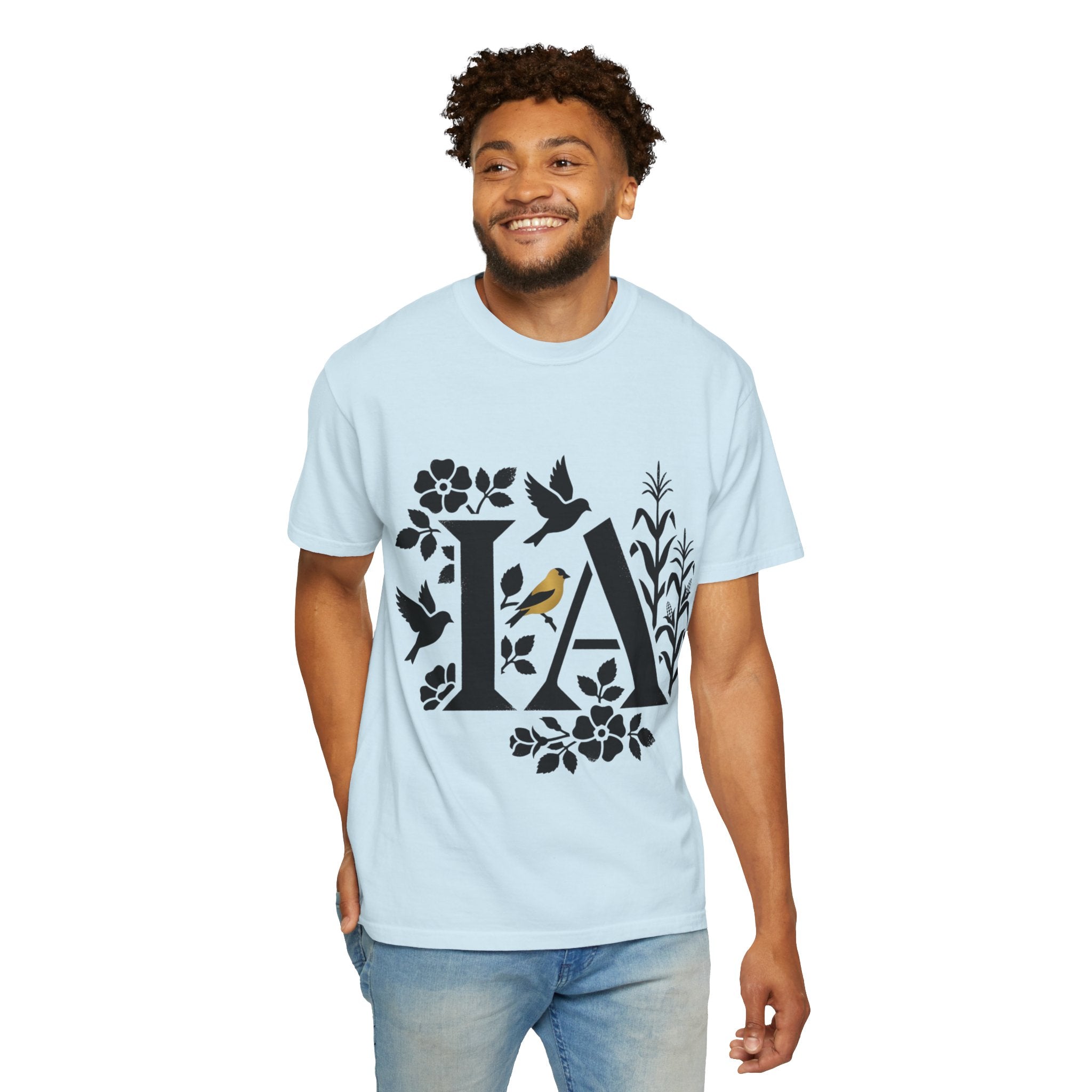 OurStateTees - Iowa IA Botanical Bird T-Shirt — Floral Initial Tee
