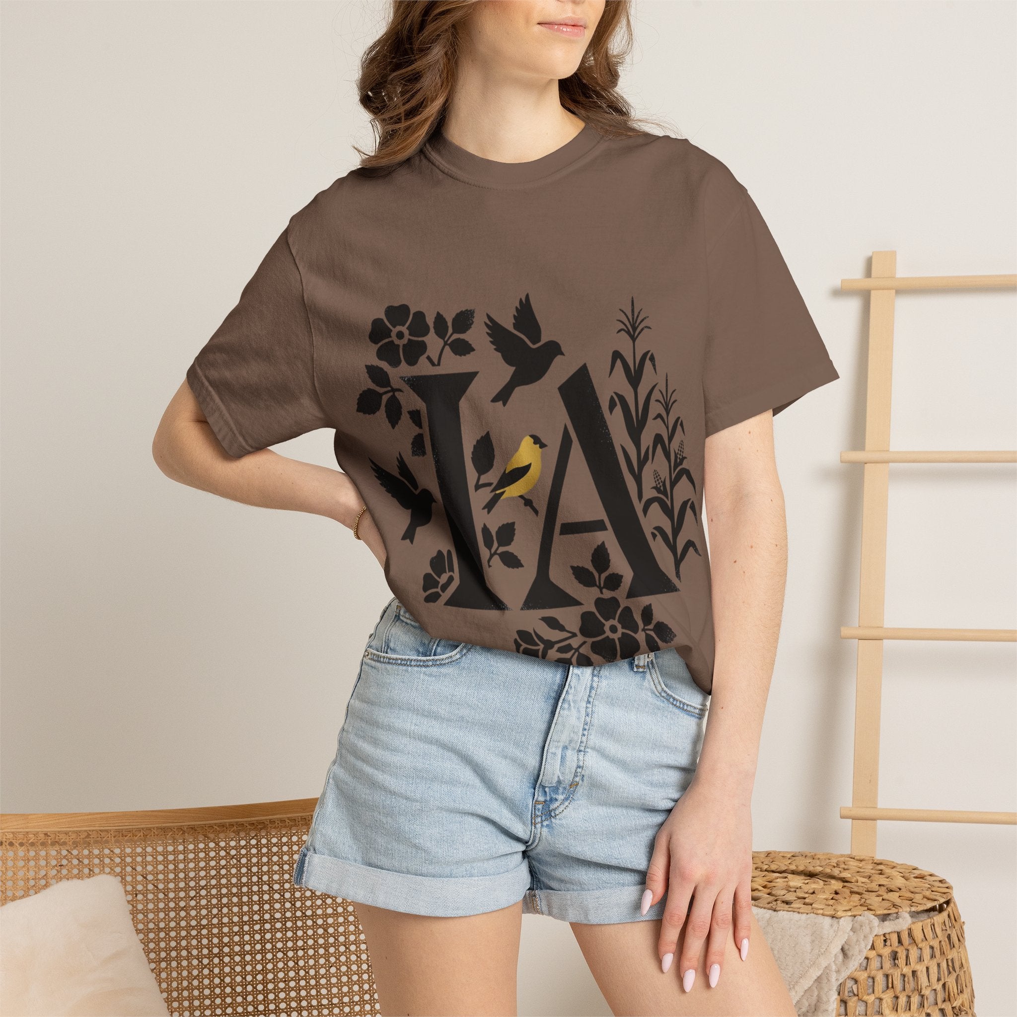 OurStateTees - Iowa IA Botanical Bird T-Shirt — Floral Initial Tee