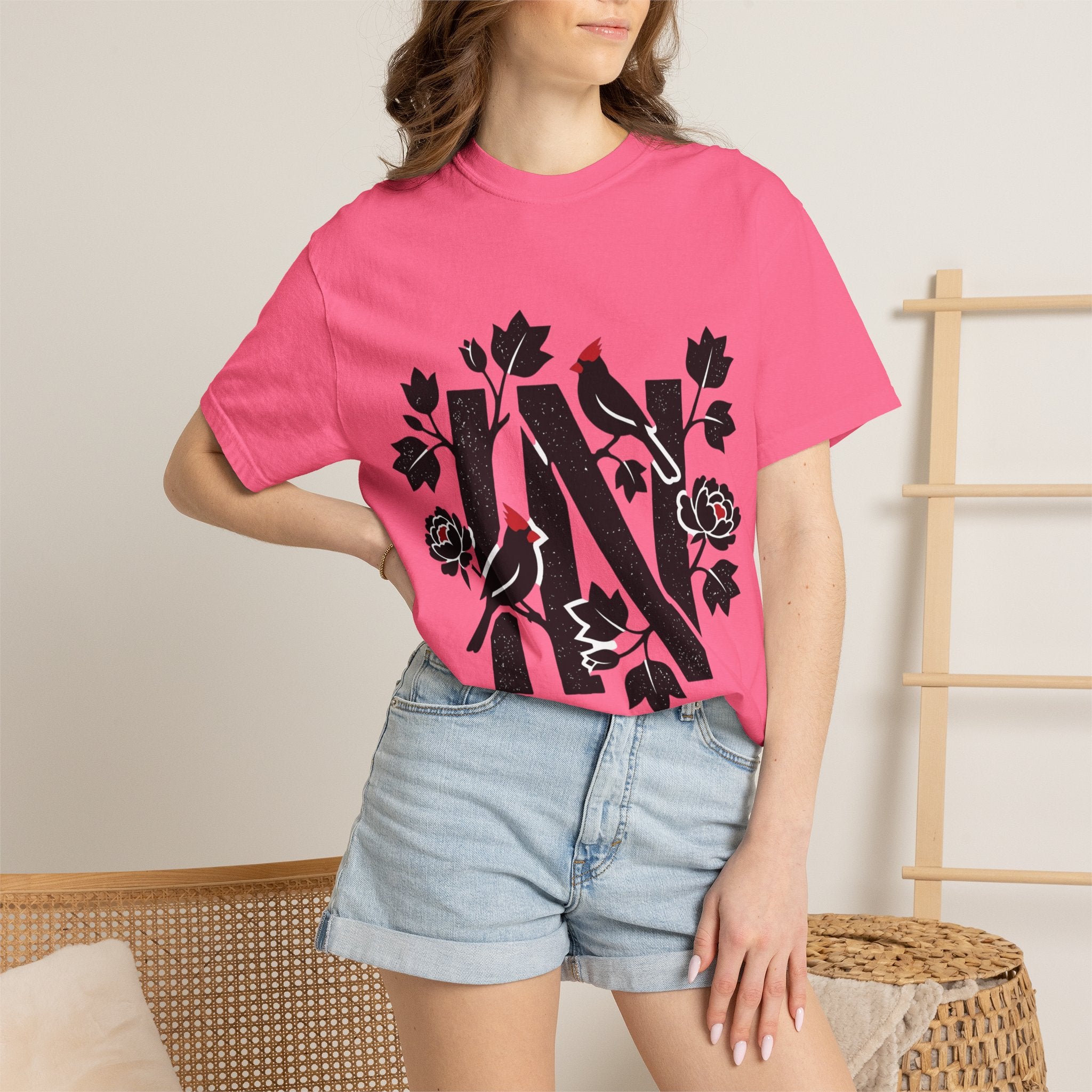 OurStateTees - Indiana IN Cardinal & Floral 'N' Monogram T-Shirt — Botanical Letter Tee