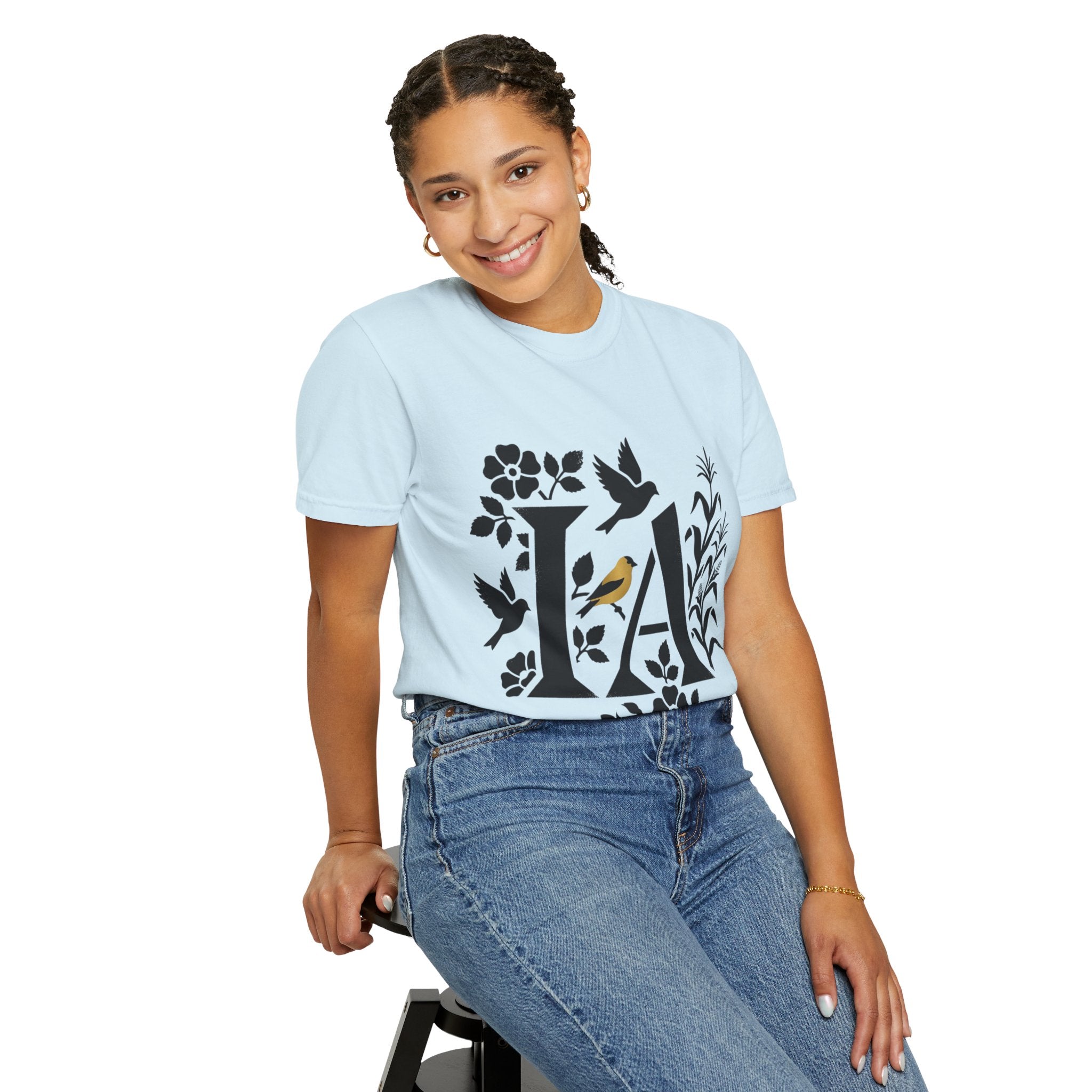 OurStateTees - Iowa IA Botanical Bird T-Shirt — Floral Initial Tee