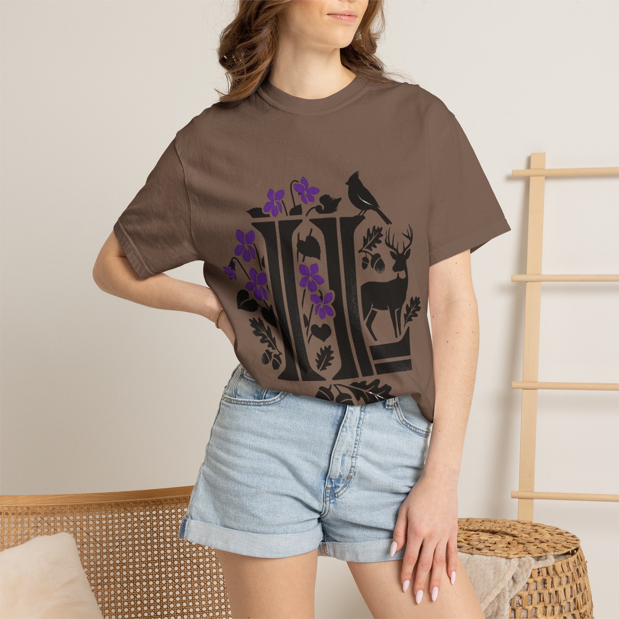 OurStateTees - Illinois IL -  Nature Initial Monogram with Deer & Birds (Floral Letter II)