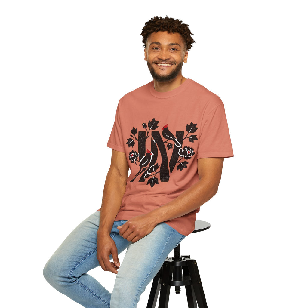 OurStateTees - Indiana IN Cardinal & Floral 'N' Monogram T-Shirt — Botanical Letter Tee