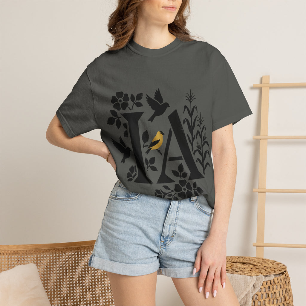 OurStateTees - Iowa IA Botanical Bird T-Shirt — Floral Initial Tee