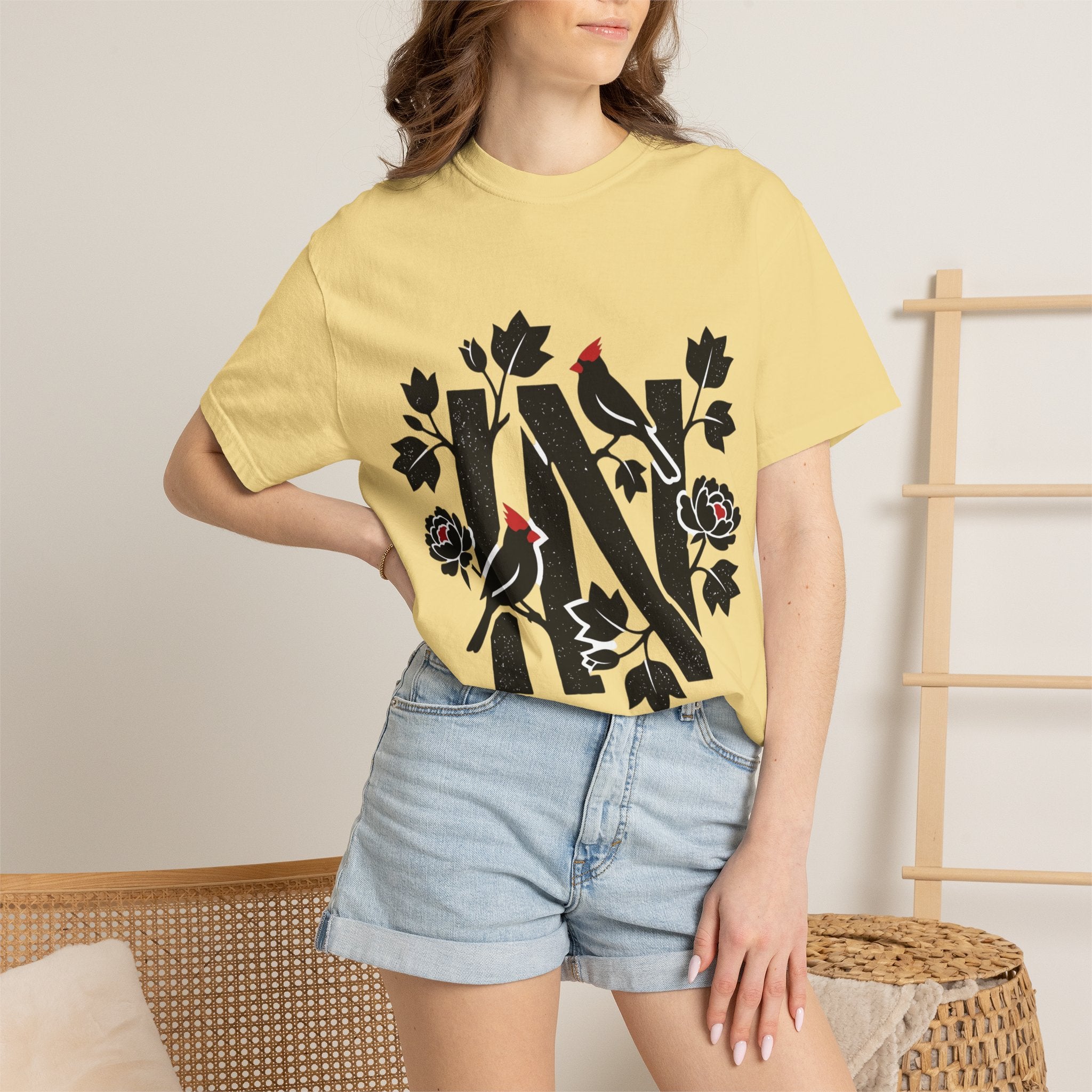 OurStateTees - Indiana IN Cardinal & Floral 'N' Monogram T-Shirt — Botanical Letter Tee