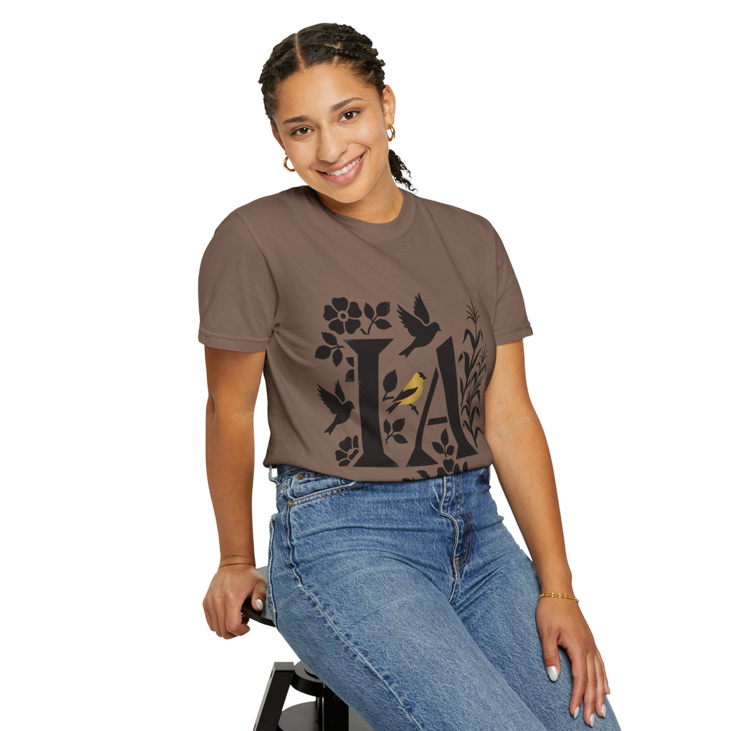 OurStateTees - Iowa IA Botanical Bird T-Shirt — Floral Initial Tee