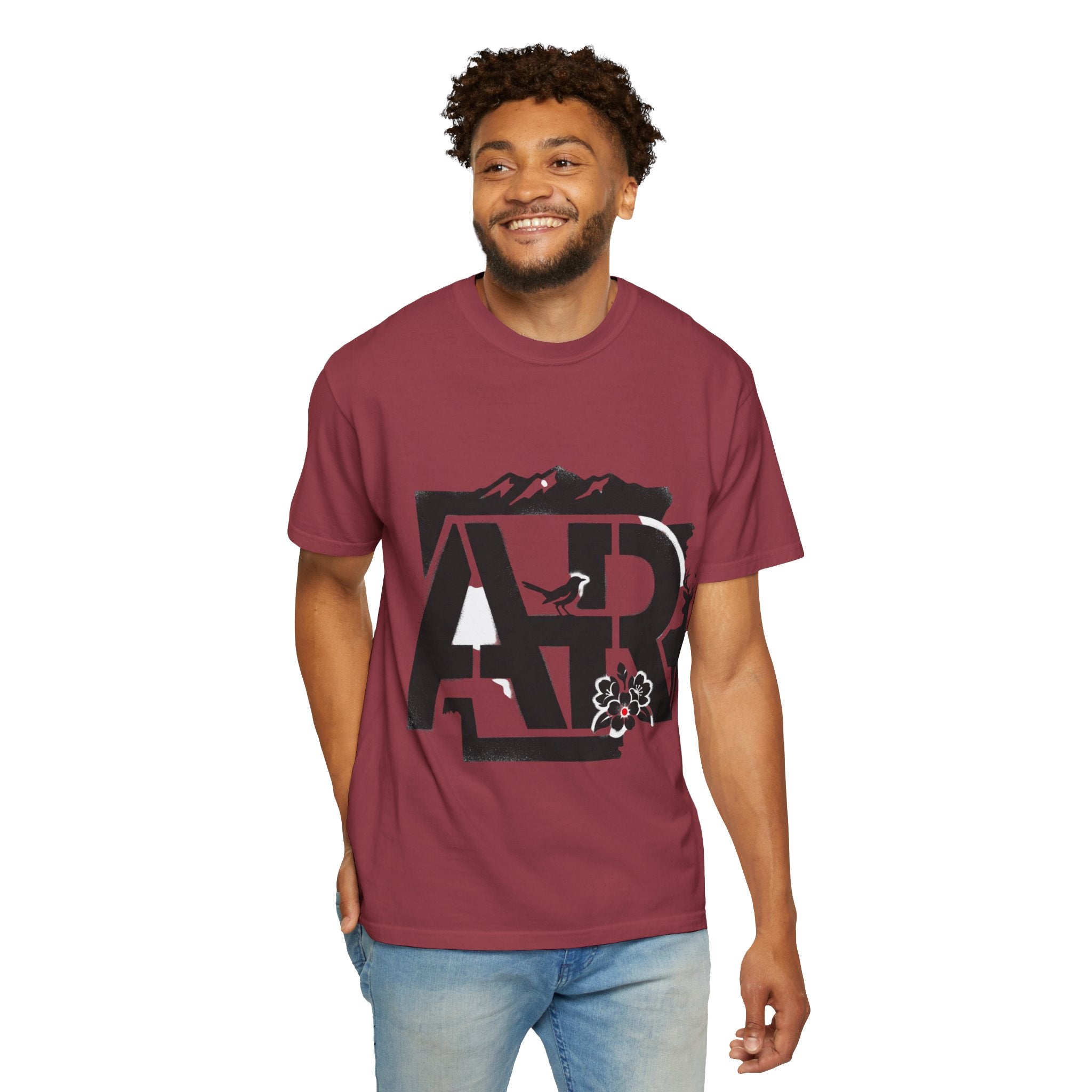 OurStateTees - Arkansas AR Mountain Logo T-Shirt — Nature Bird & Wildflower Graphic
