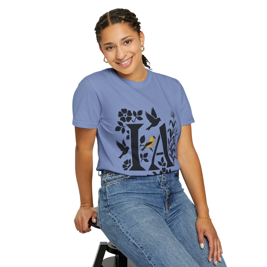 OurStateTees - Iowa IA Botanical Bird T-Shirt — Floral Initial Tee