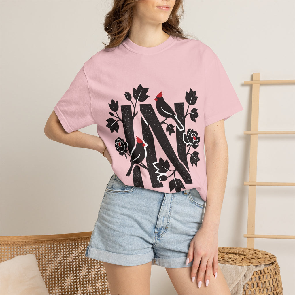 OurStateTees - Indiana IN Cardinal & Floral 'N' Monogram T-Shirt — Botanical Letter Tee