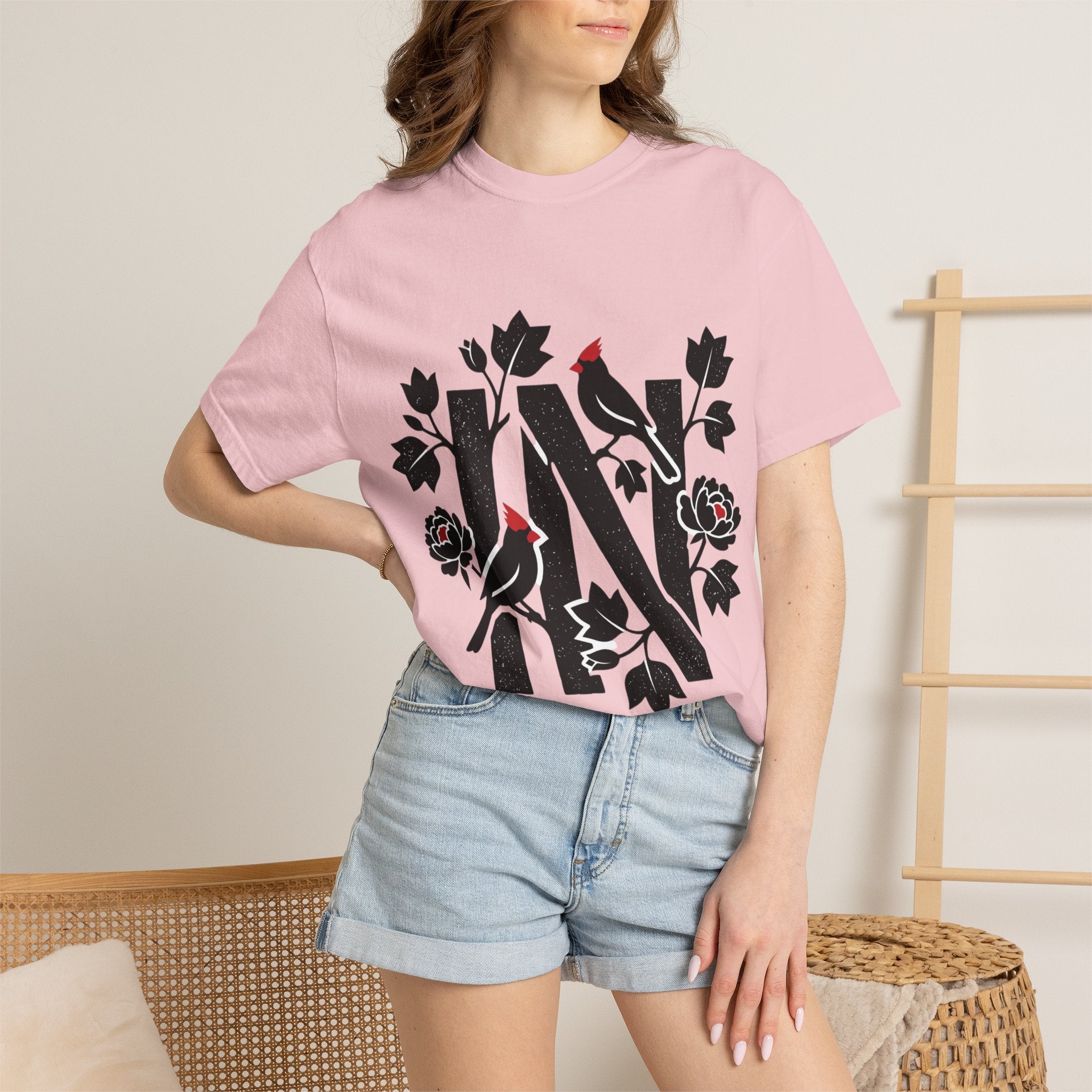 OurStateTees - Indiana IN Cardinal & Floral 'N' Monogram T-Shirt — Botanical Letter Tee