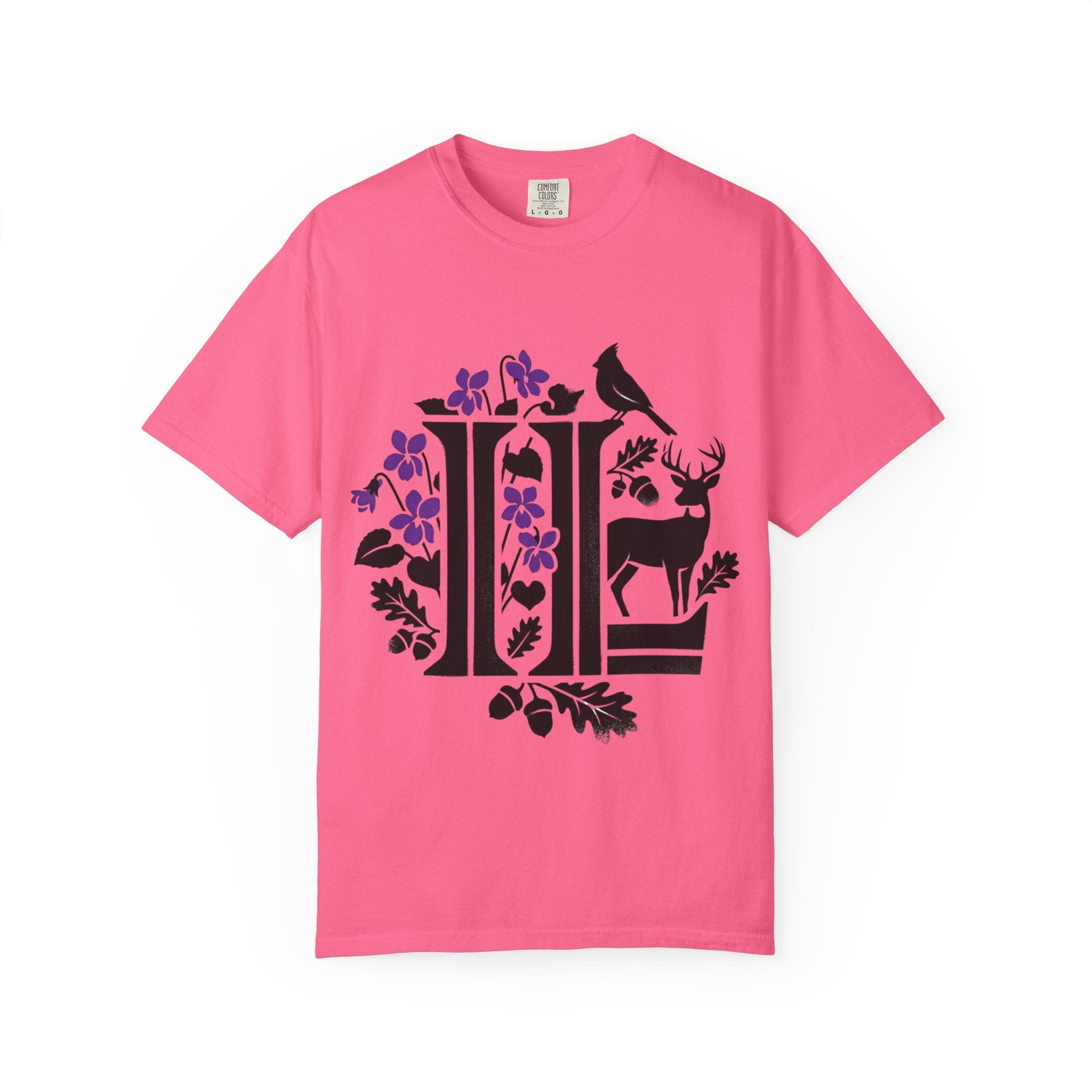 OurStateTees - Illinois IL -  Nature Initial Monogram with Deer & Birds (Floral Letter II)