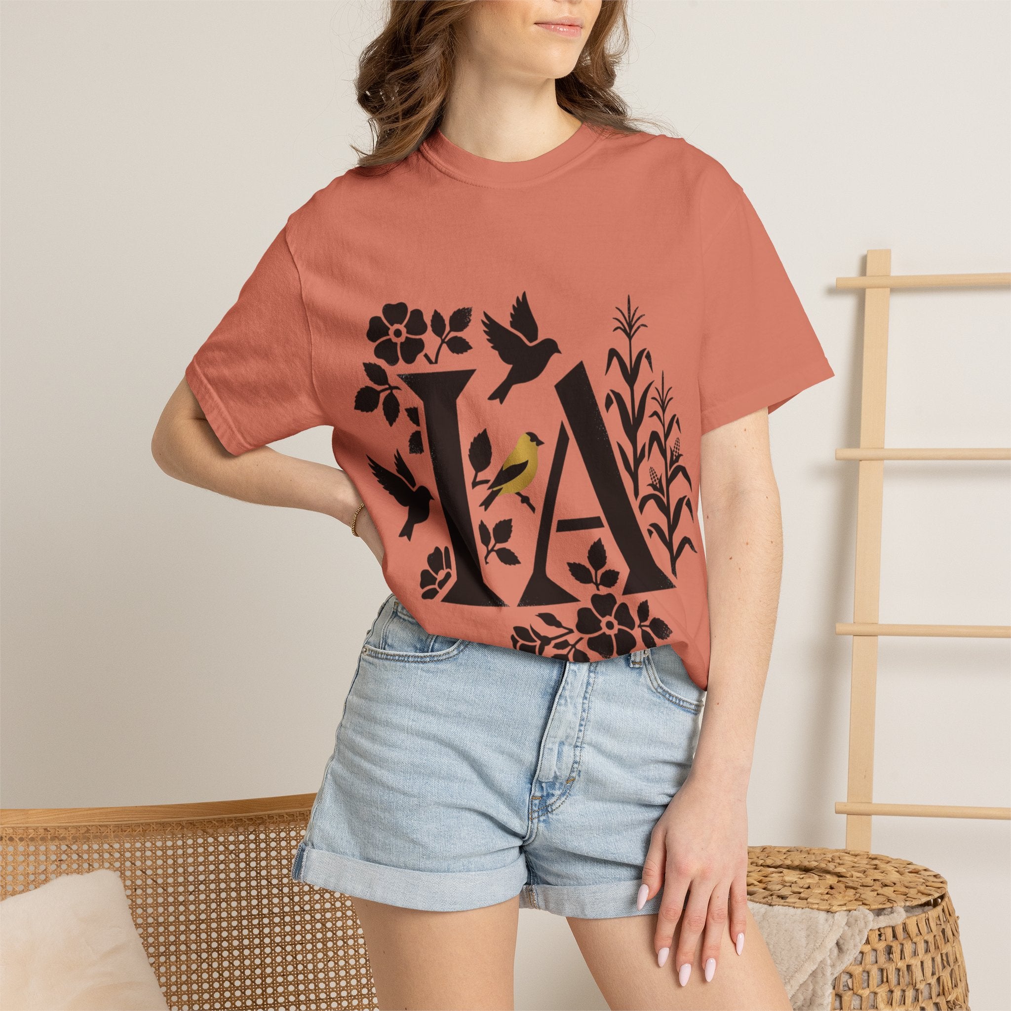 OurStateTees - Iowa IA Botanical Bird T-Shirt — Floral Initial Tee