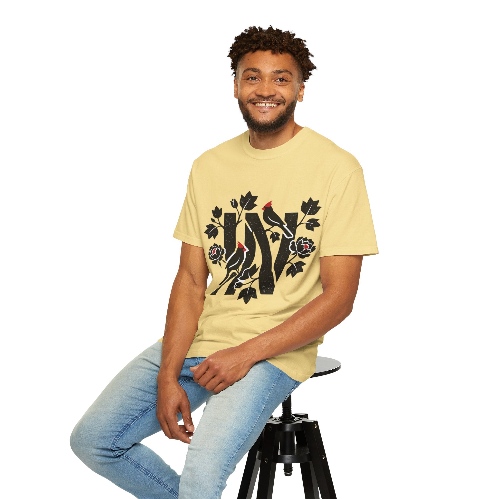 OurStateTees - Indiana IN Cardinal & Floral 'N' Monogram T-Shirt — Botanical Letter Tee
