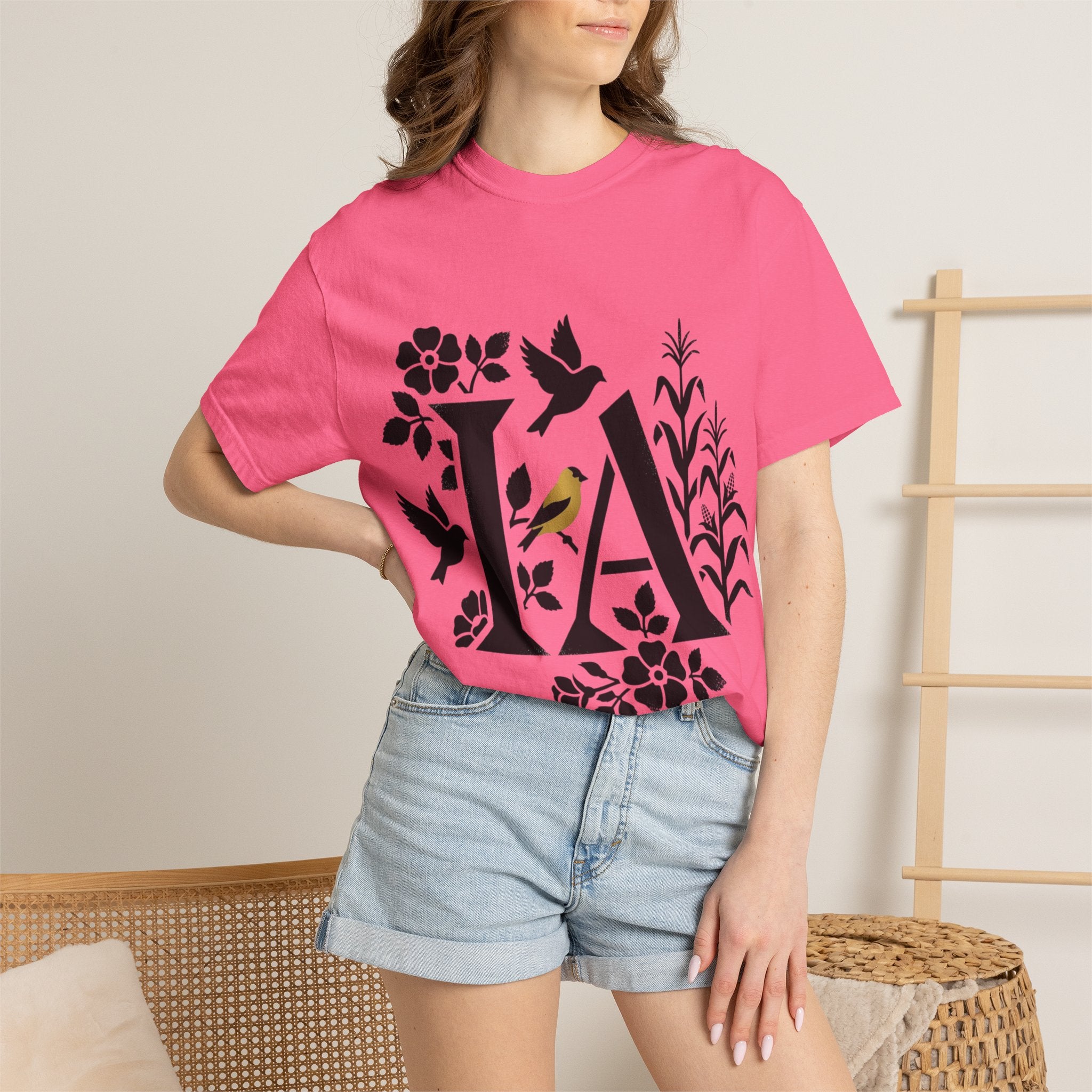 OurStateTees - Iowa IA Botanical Bird T-Shirt — Floral Initial Tee