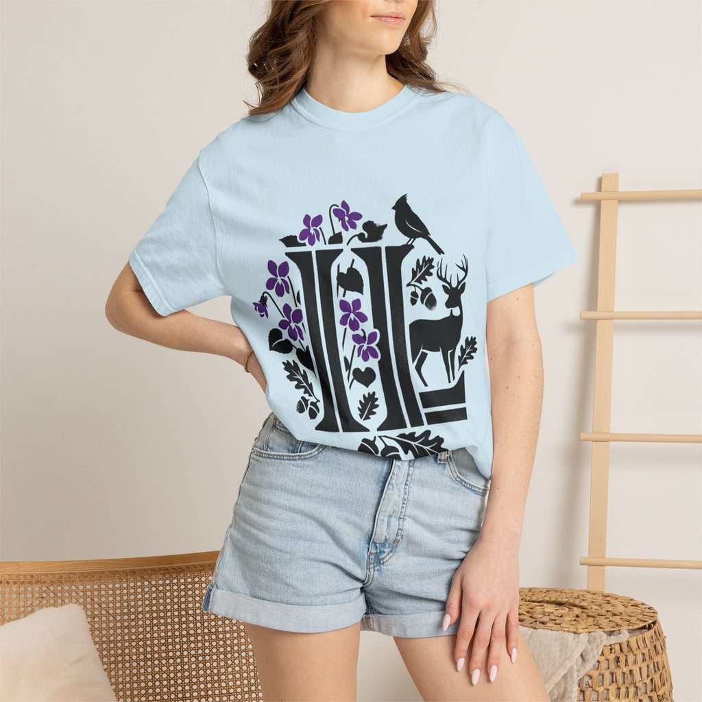 OurStateTees - Illinois IL -  Nature Initial Monogram with Deer & Birds (Floral Letter II)