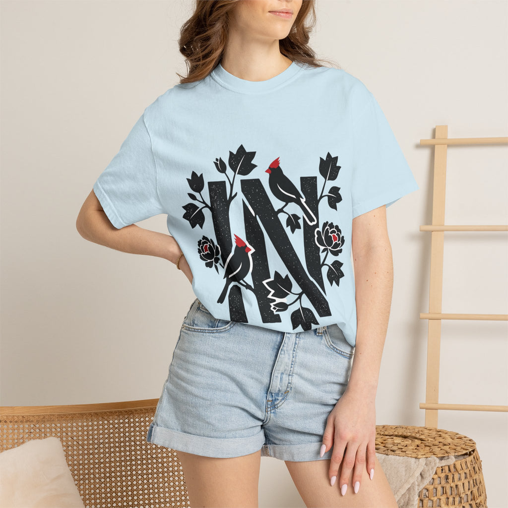 OurStateTees - Indiana IN Cardinal & Floral 'N' Monogram T-Shirt — Botanical Letter Tee