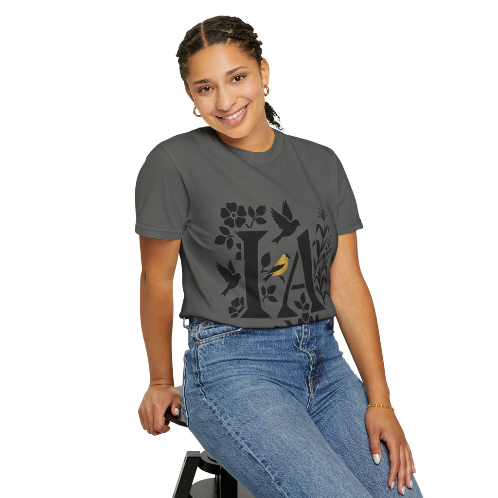 OurStateTees - Iowa IA Botanical Bird T-Shirt — Floral Initial Tee