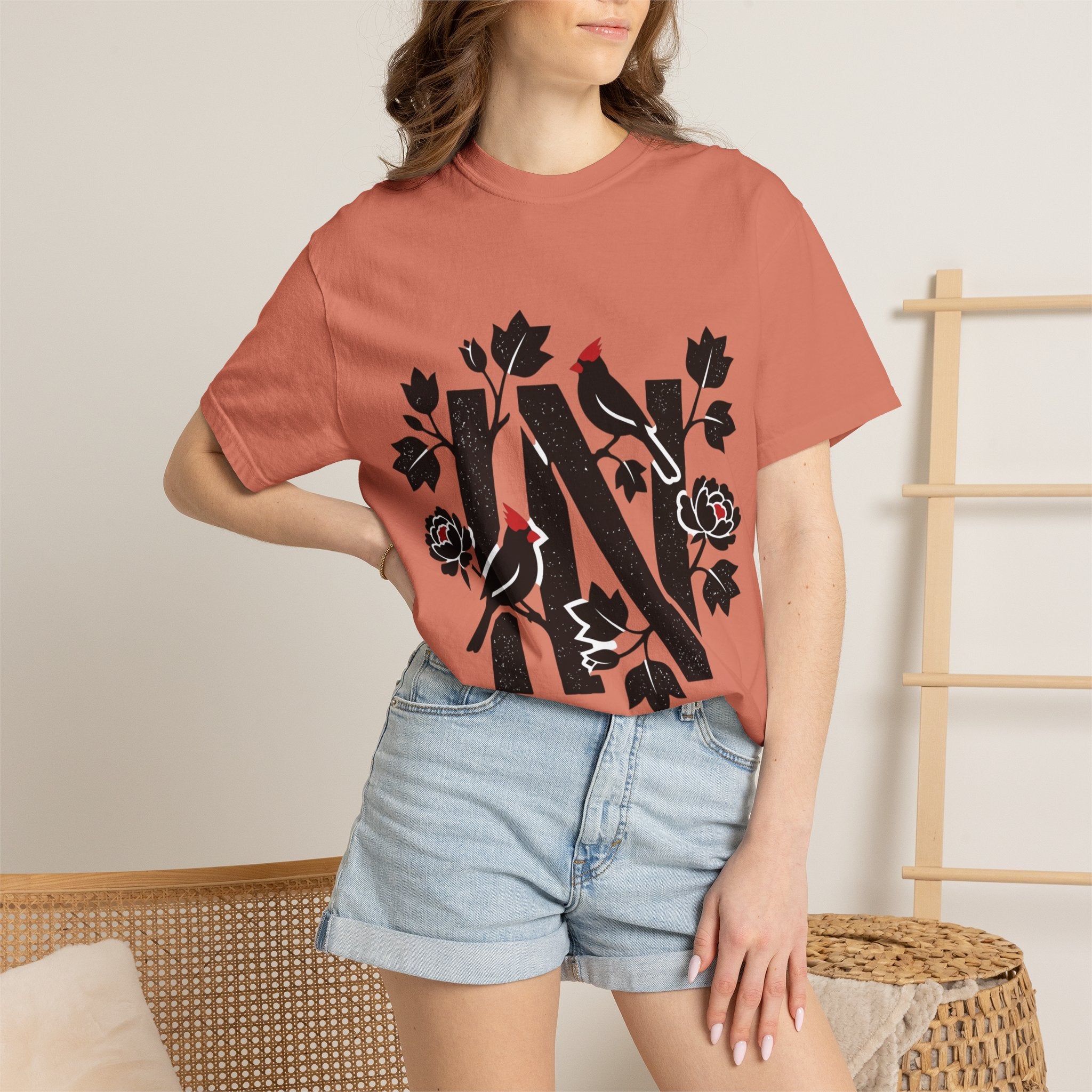 OurStateTees - Indiana IN Cardinal & Floral 'N' Monogram T-Shirt — Botanical Letter Tee