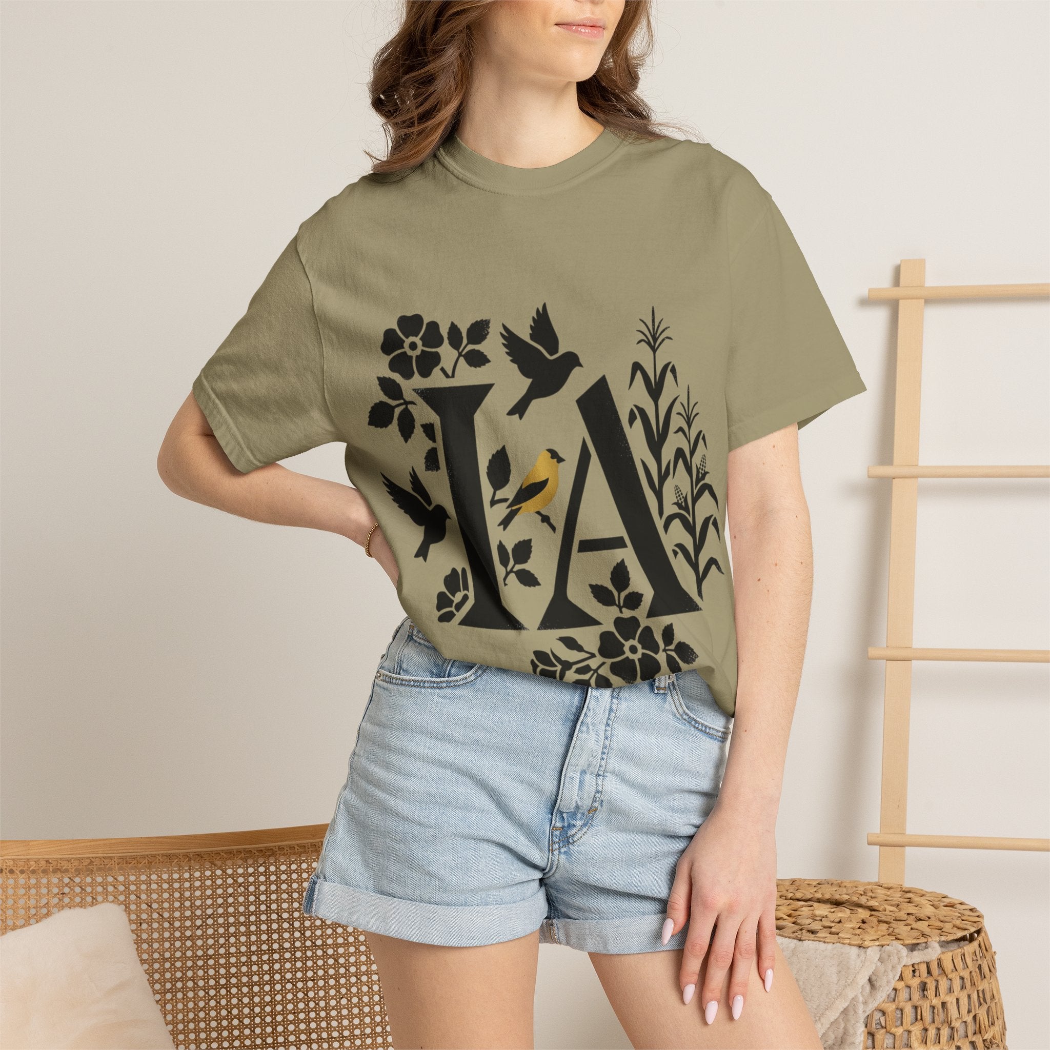 OurStateTees - Iowa IA Botanical Bird T-Shirt — Floral Initial Tee