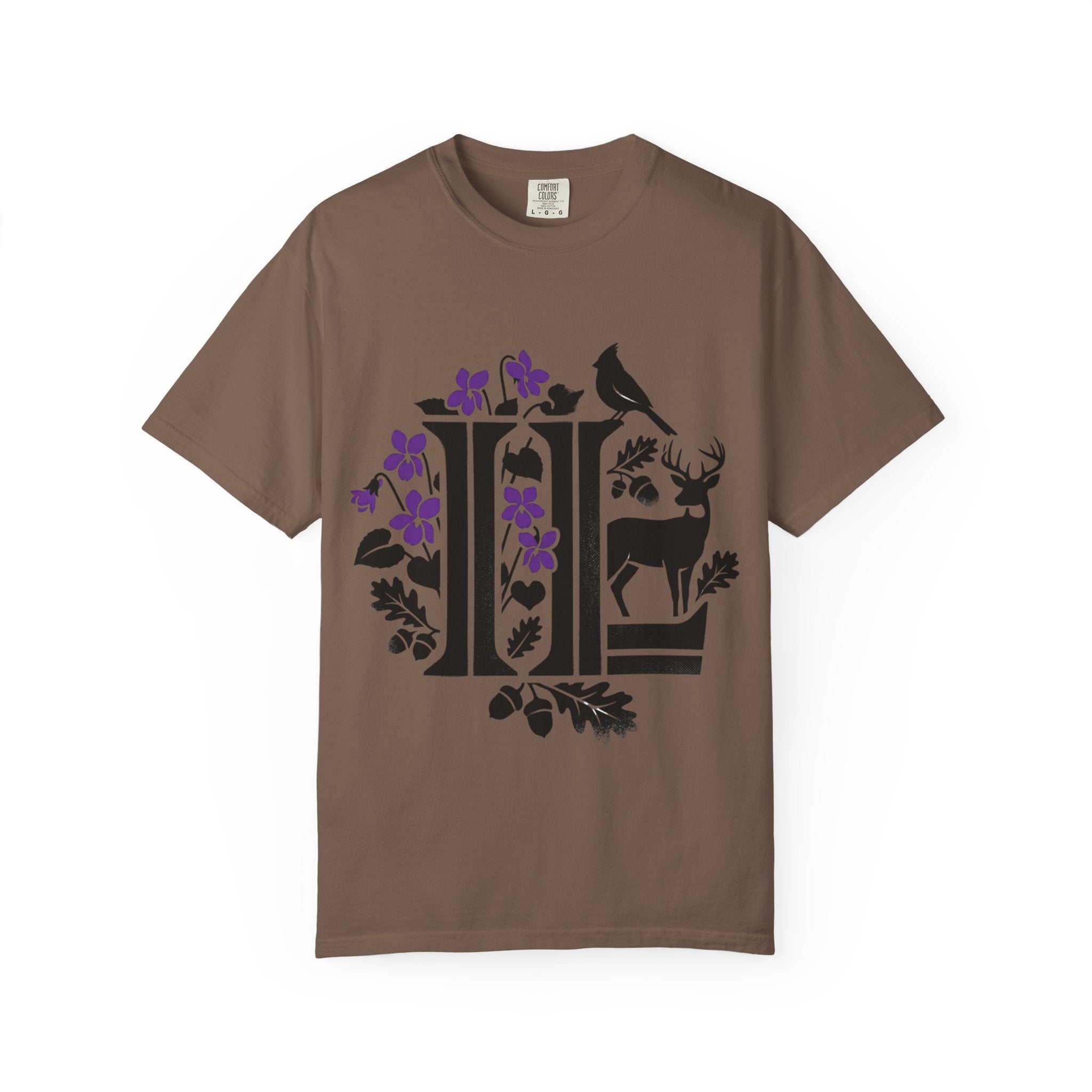OurStateTees - Illinois IL -  Nature Initial Monogram with Deer & Birds (Floral Letter II)