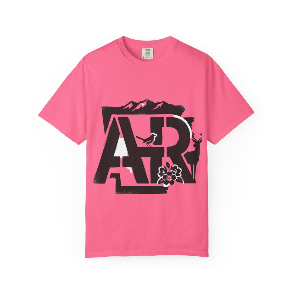 OurStateTees - Arkansas AR Mountain Logo T-Shirt — Nature Bird & Wildflower Graphic