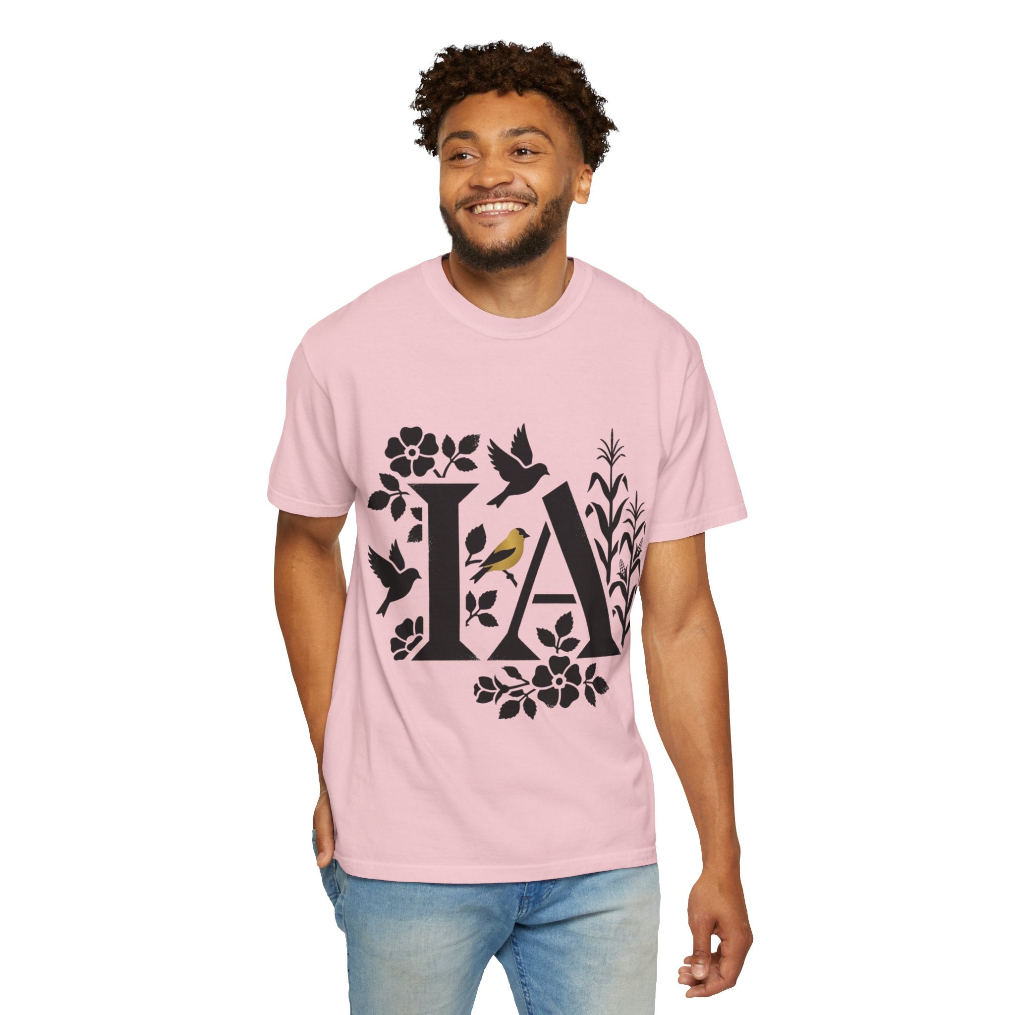 OurStateTees - Iowa IA Botanical Bird T-Shirt — Floral Initial Tee