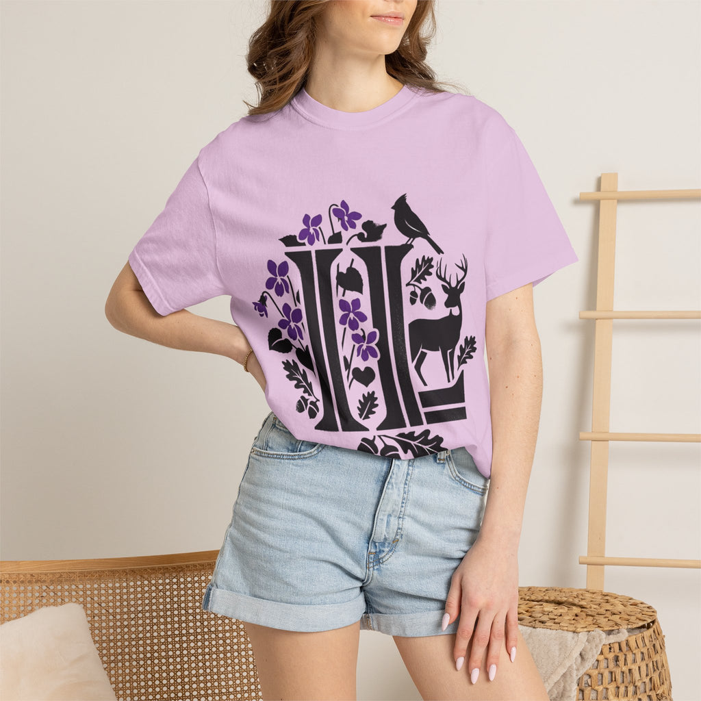OurStateTees - Illinois IL -  Nature Initial Monogram with Deer & Birds (Floral Letter II)