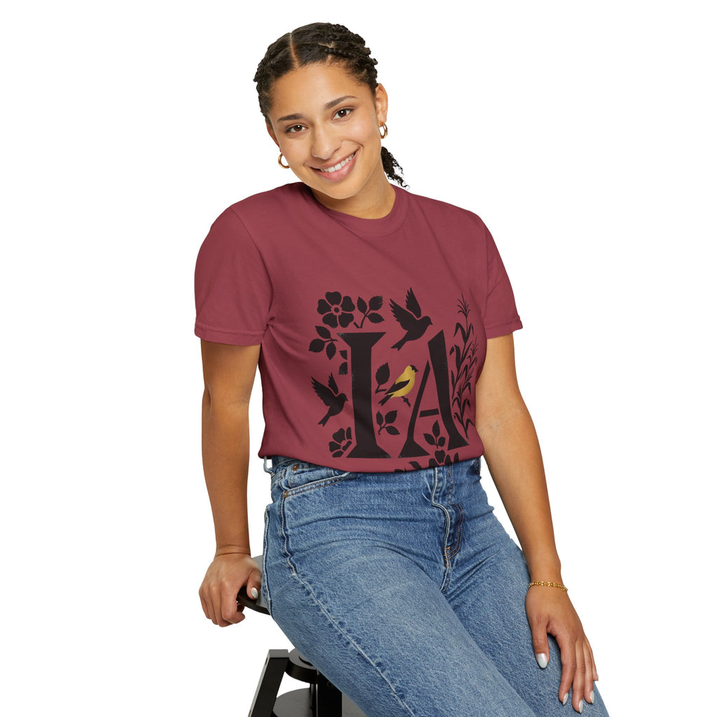 OurStateTees - Iowa IA Botanical Bird T-Shirt — Floral Initial Tee