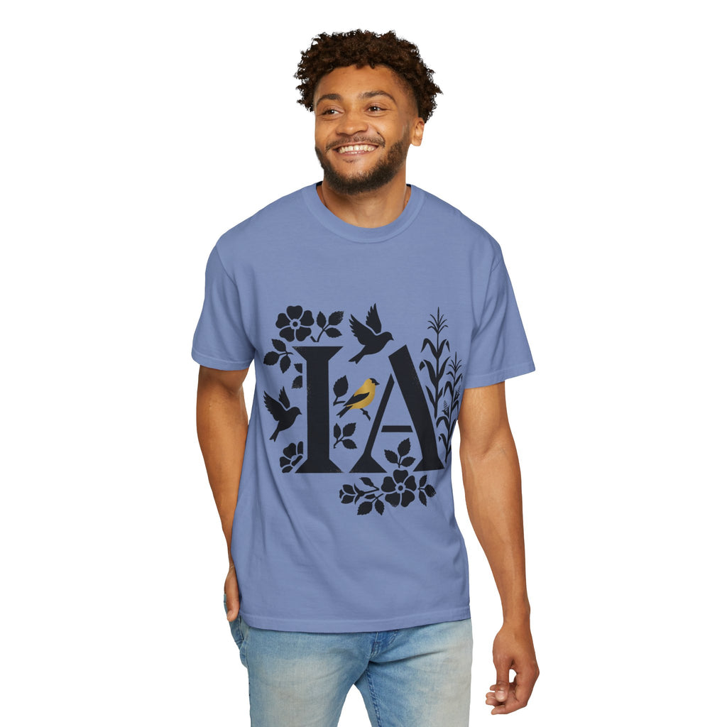 OurStateTees - Iowa IA Botanical Bird T-Shirt — Floral Initial Tee